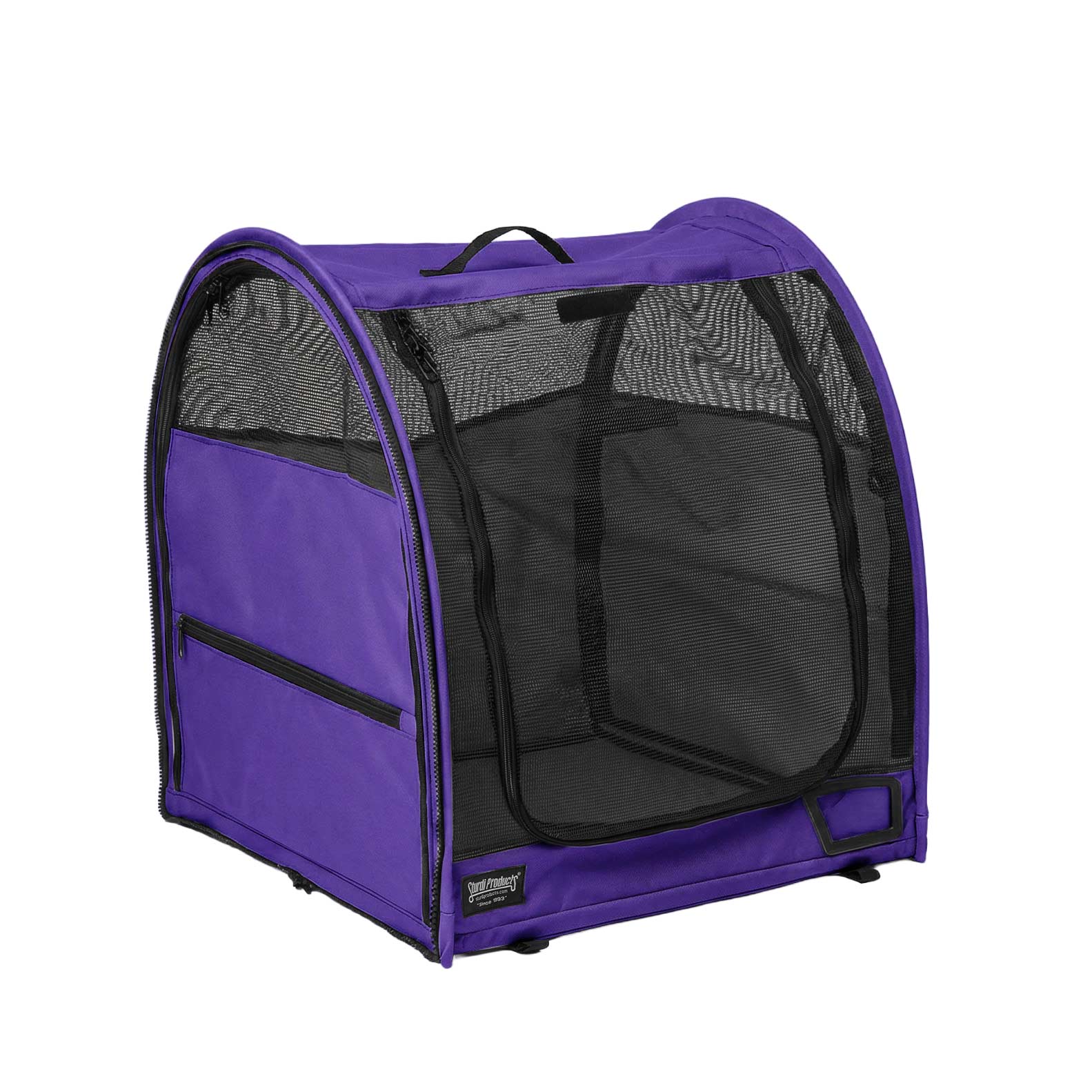 Purple 600D polyester pop-up pet kennel with mesh doors, side storage, and modular zippers.