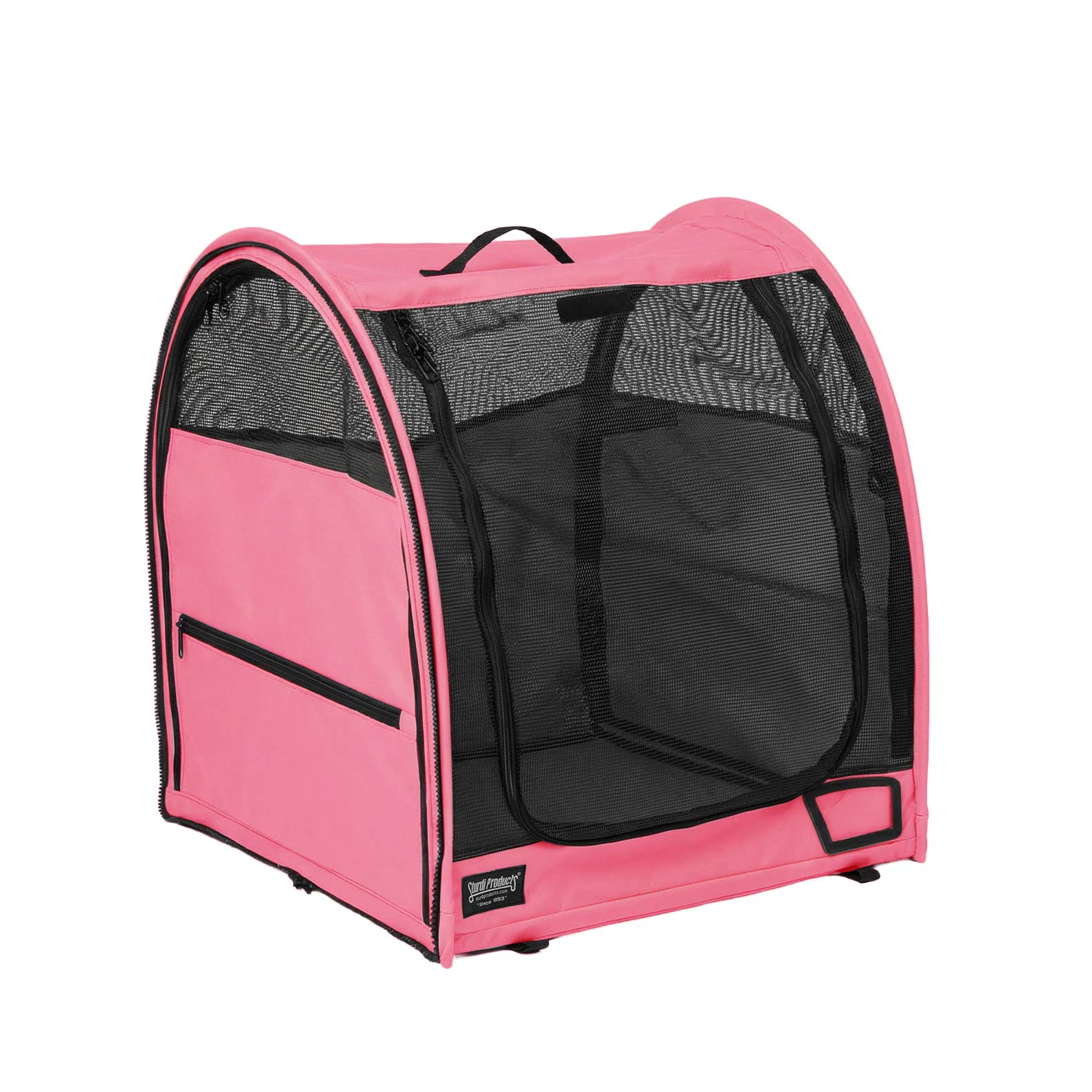 Pink Sturdi Pop-Up Kennel, a modular portable pet carrier with mesh doors and storage, made from 600D polyester.