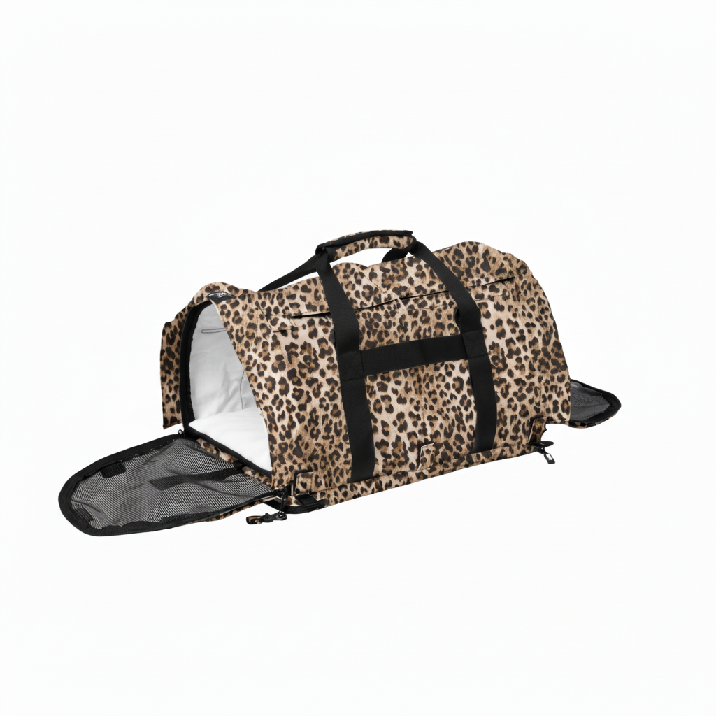 Leopard print pet carrier with black straps and mesh sides, open to reveal a white interior.