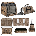 Leopard print pet travel bundle: carrier, pop-up kennel, grooming station, skirt, toiletry bag, box, and covers.