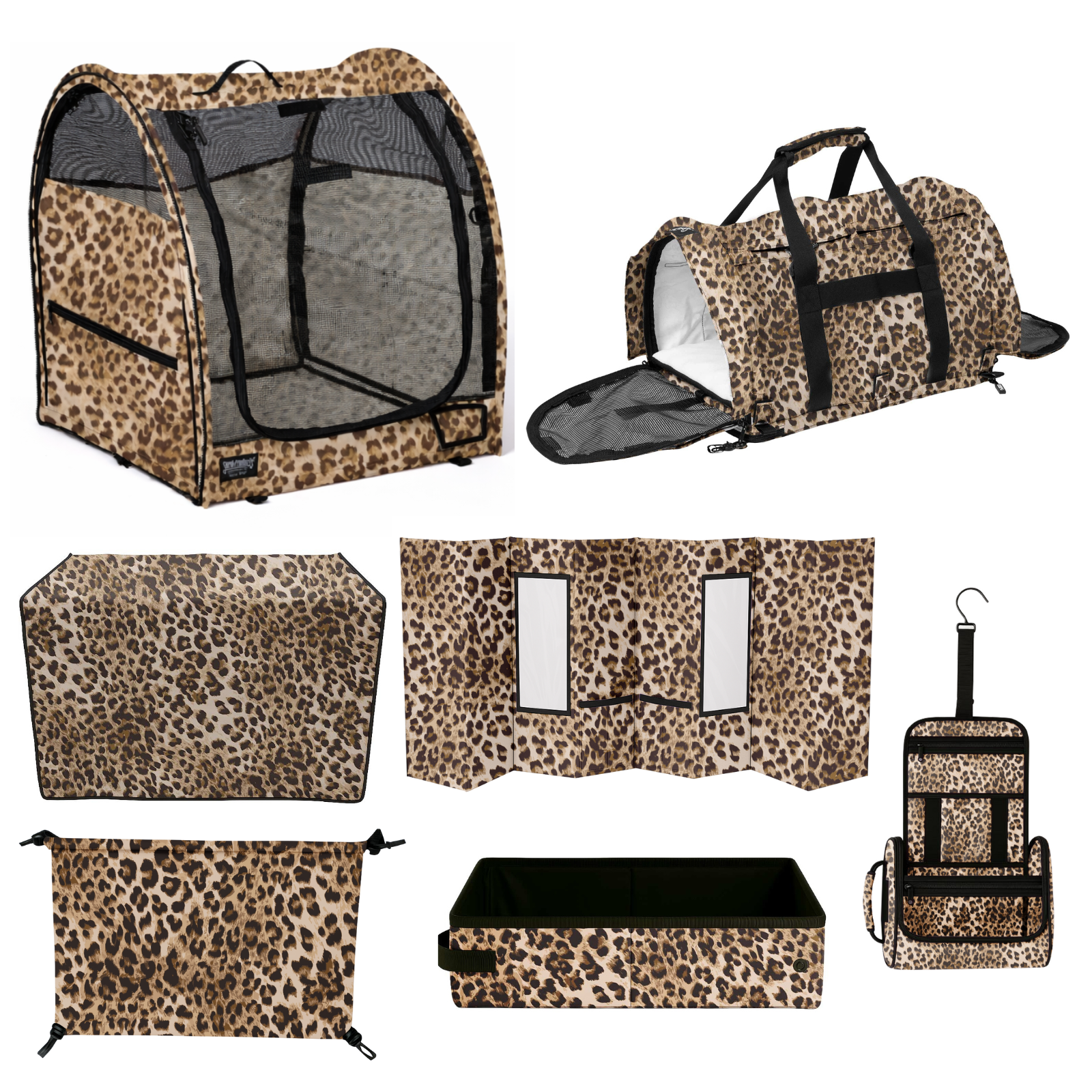 Leopard print pet travel bundle: carrier, pop-up kennel, grooming station, skirt, toiletry bag, box, and covers.