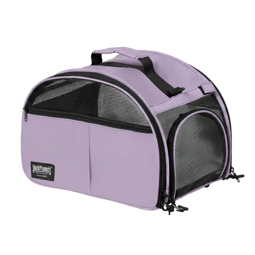 Lavender compact pet carrier with mesh panels, top handle, and side storage pockets.