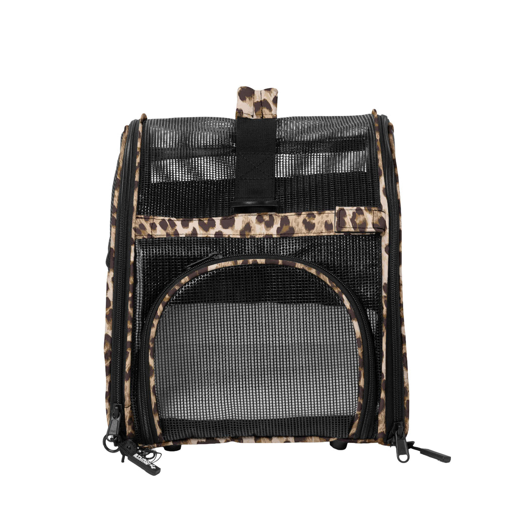 Leopard print compact pet carrier with mesh panels, top flap, and side zippers.