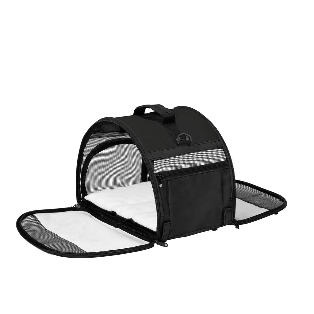 Black Totes'ter compact pet carrier with mesh sides, open front flap, and white fleece pad.