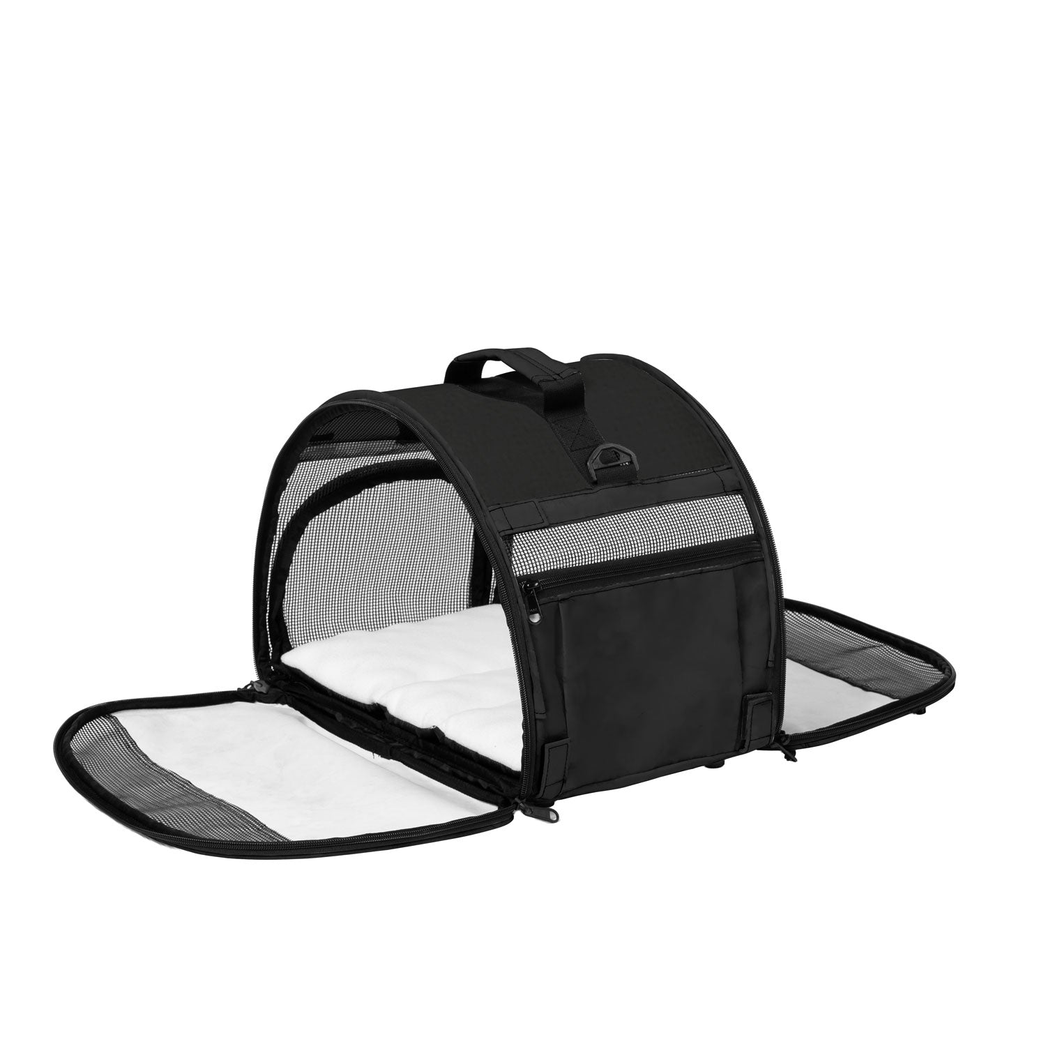 Black Totes'ter compact pet carrier with mesh sides, open front flap, and white fleece pad.
