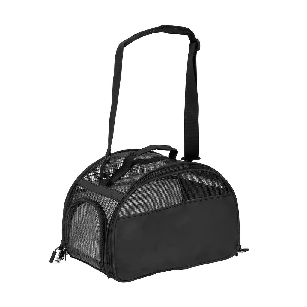 Black compact pet carrier with mesh panels, top handle, and adjustable shoulder strap.