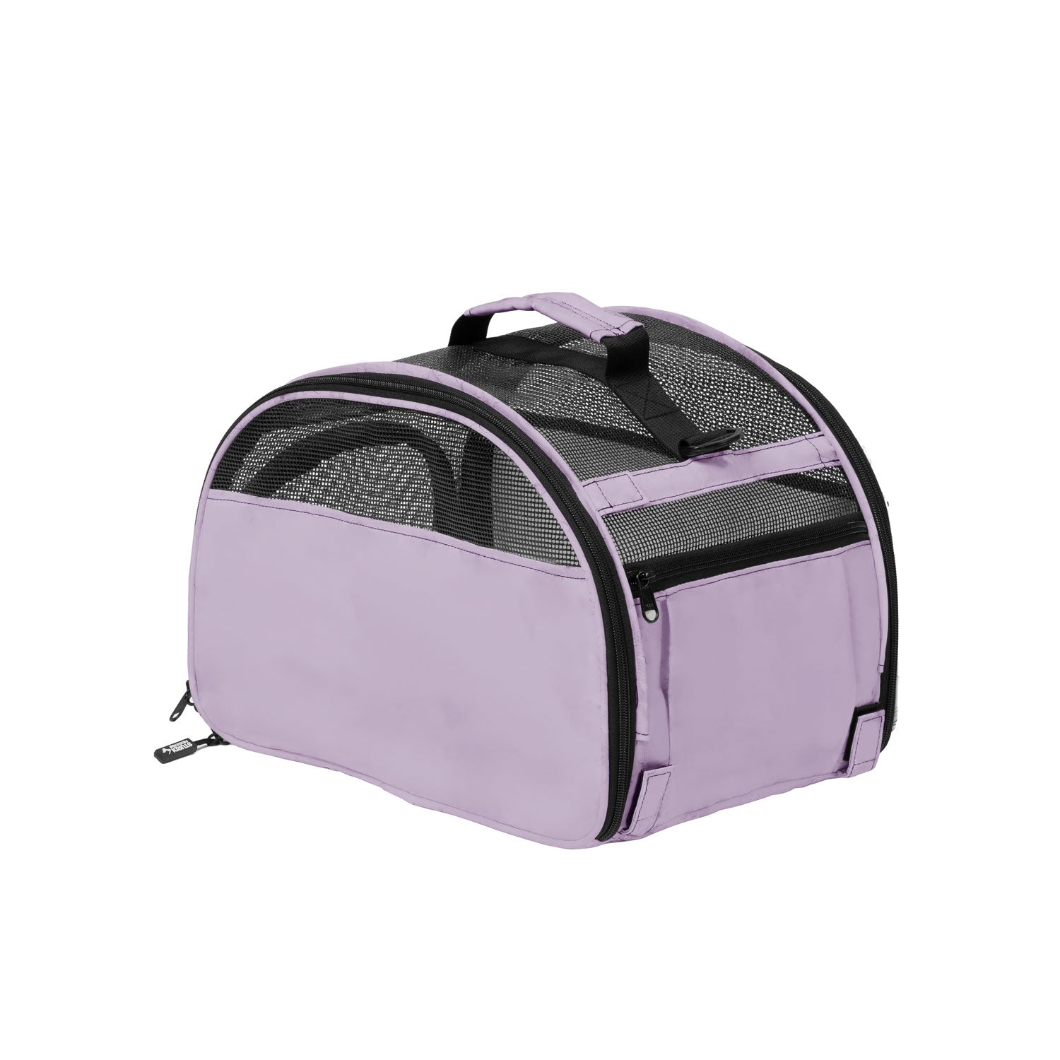 Light purple compact pet carrier with black mesh panels, top handle, and side zipper pocket.