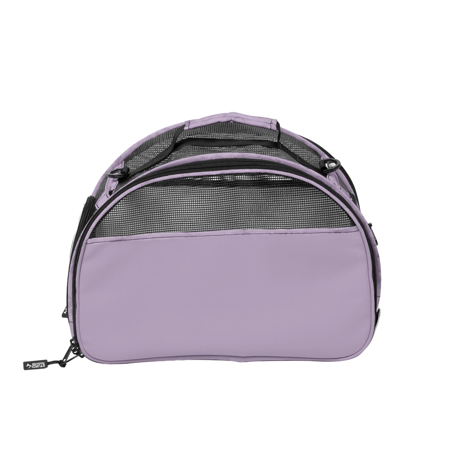 Lavender Totes'ter compact pet carrier with black mesh panels and top handle.