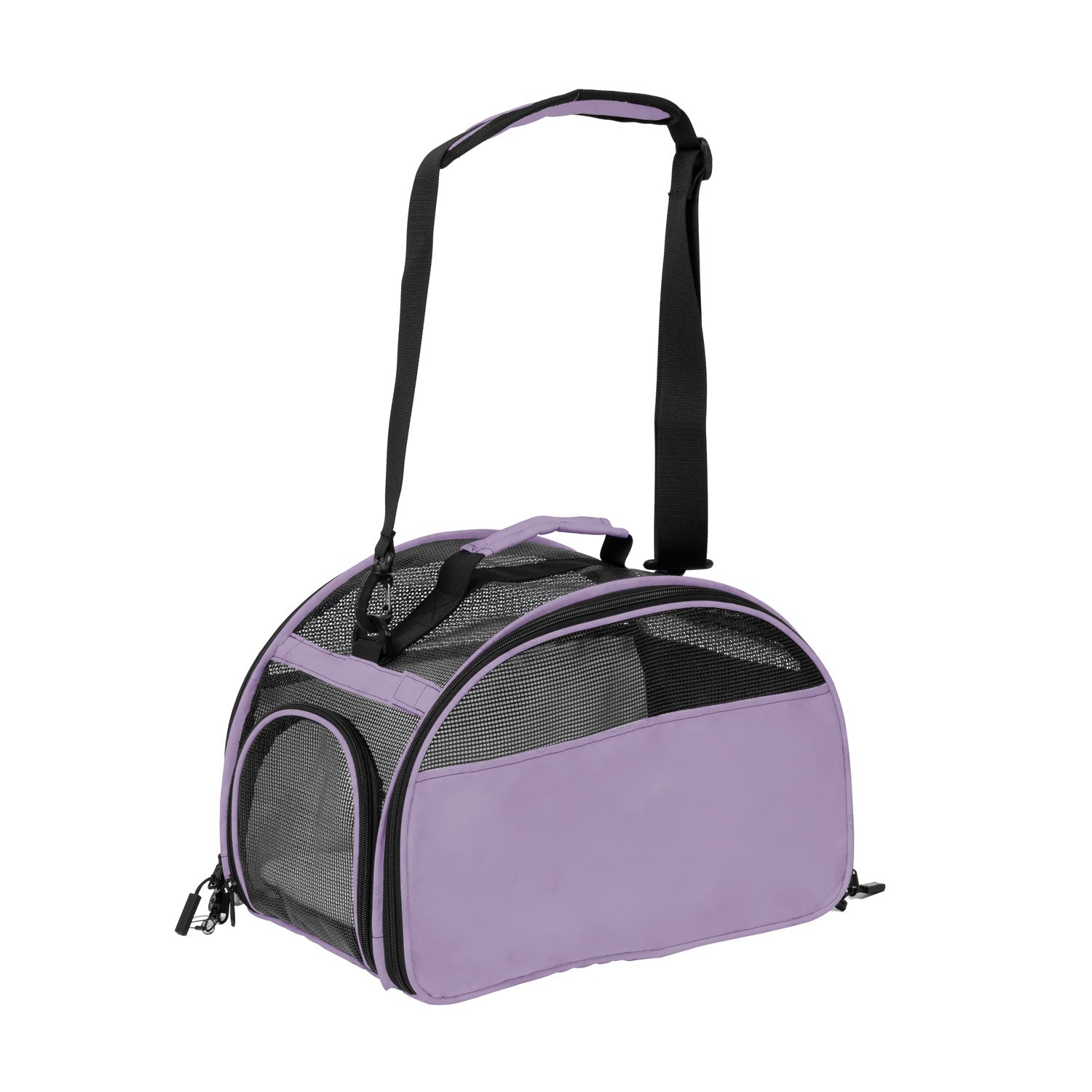 Lavender Totes'ter compact pet carrier with black mesh, shoulder strap, and top handle.