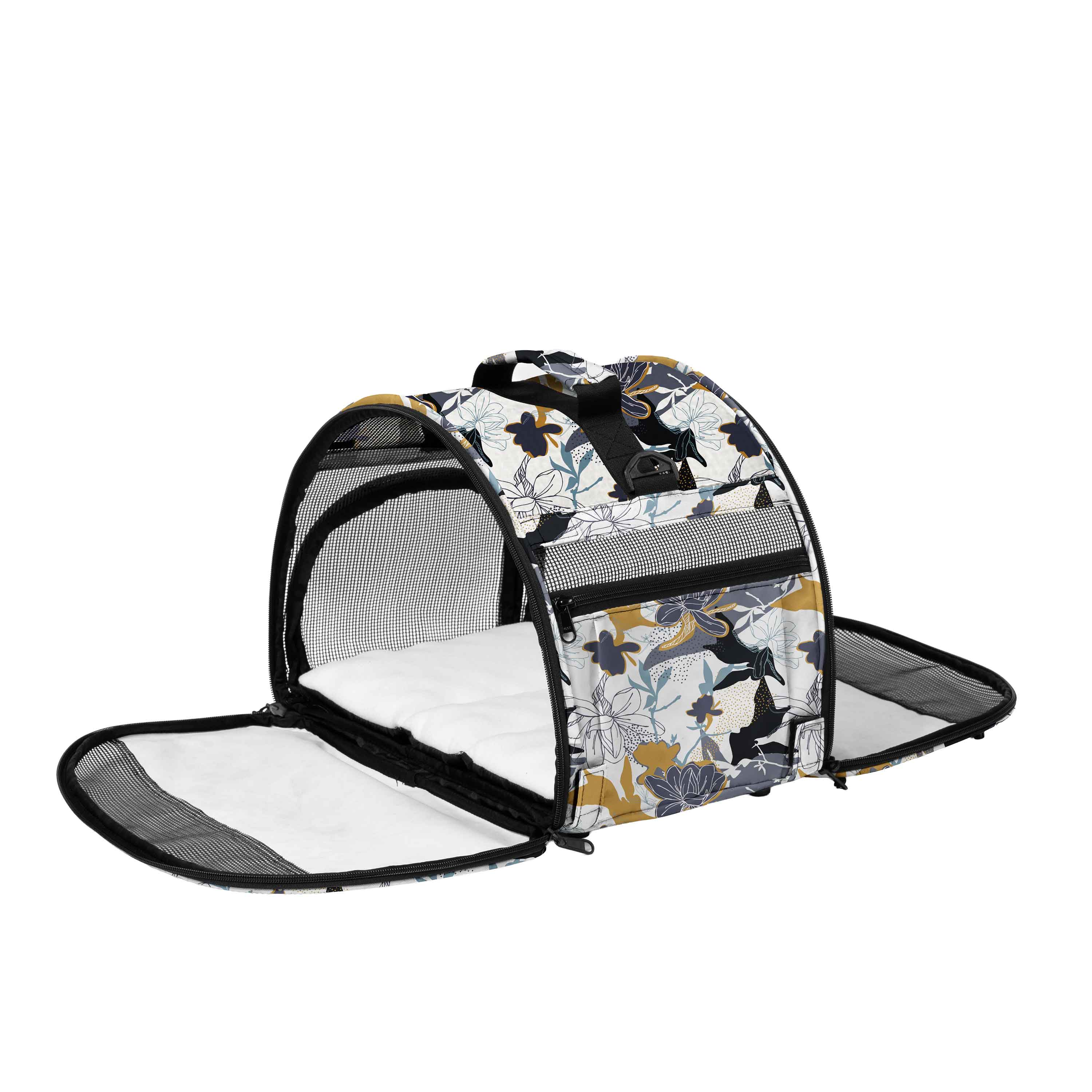 Floral Totes'ter compact pet carrier with mesh panels, top flap, and soft white interior pad.