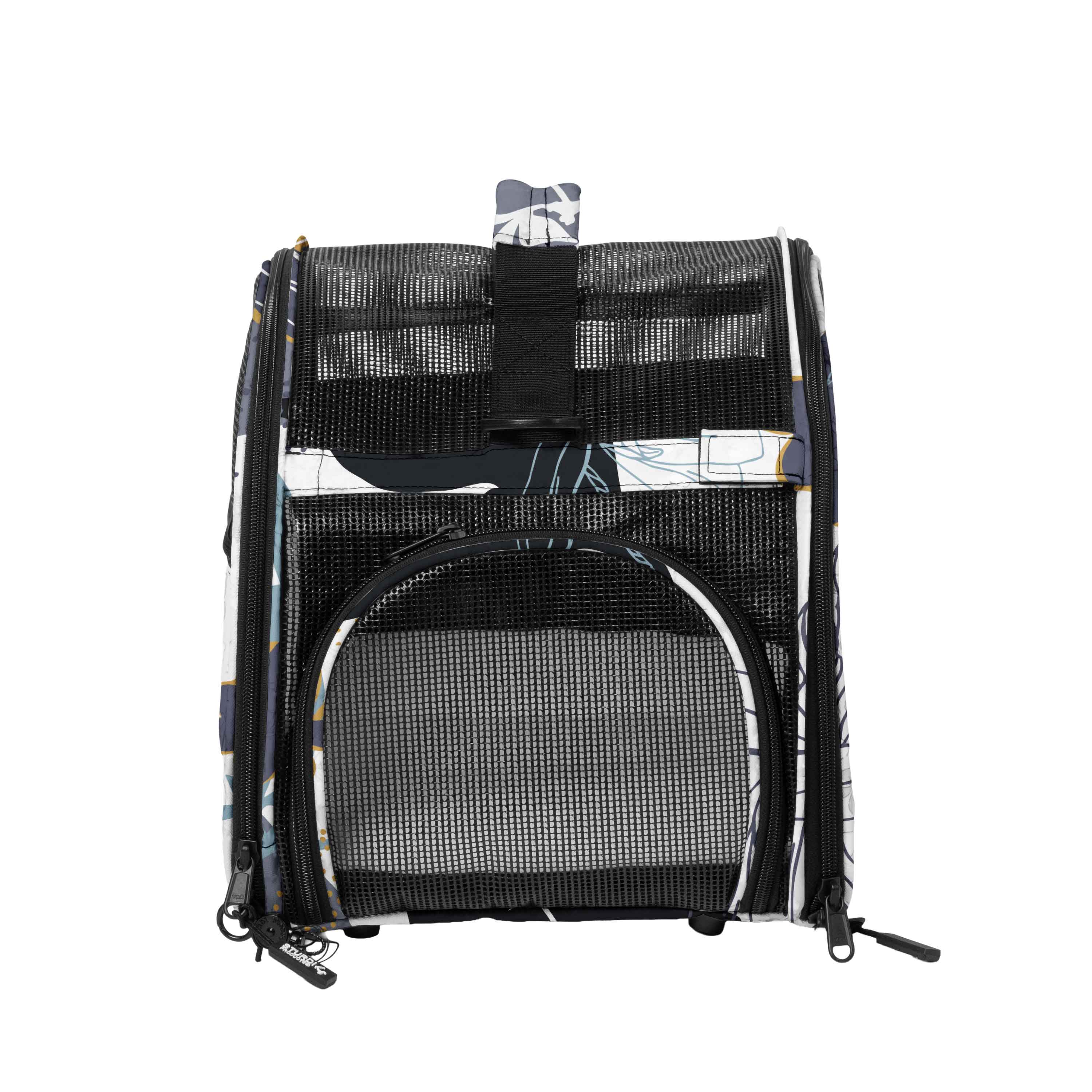 Compact pet carrier with a limited edition blue, white, and gold abstract print, black mesh, and top privacy flap.