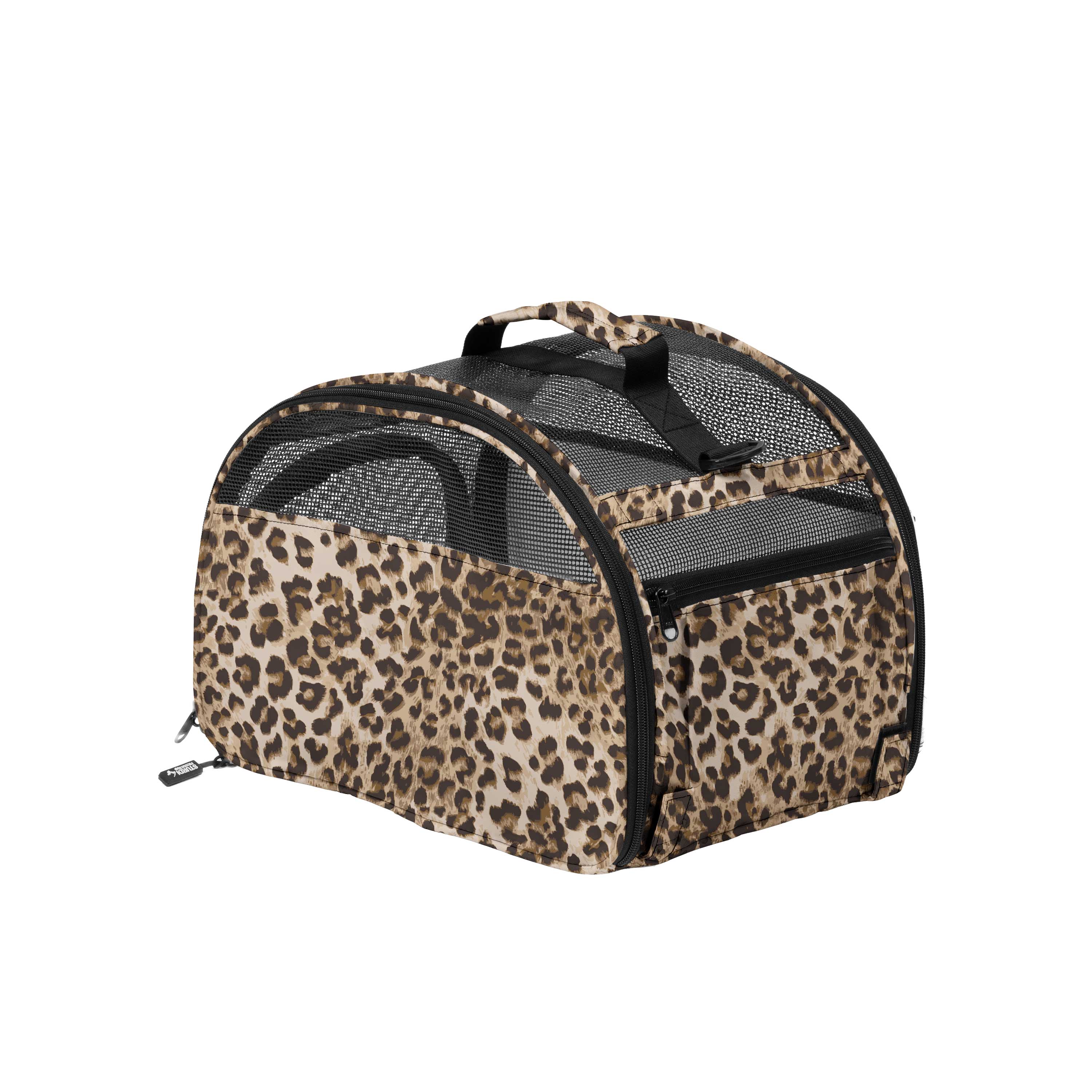 Leopard print Totes'ter compact pet carrier with mesh panels, top flap, and side zipper.