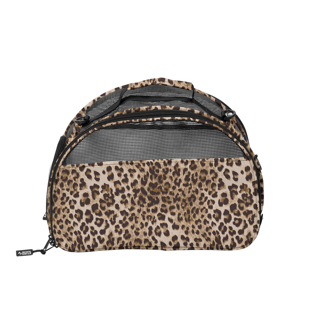 Leopard print Tote'ster compact pet carrier with mesh panels, top privacy flap, and storage pockets.