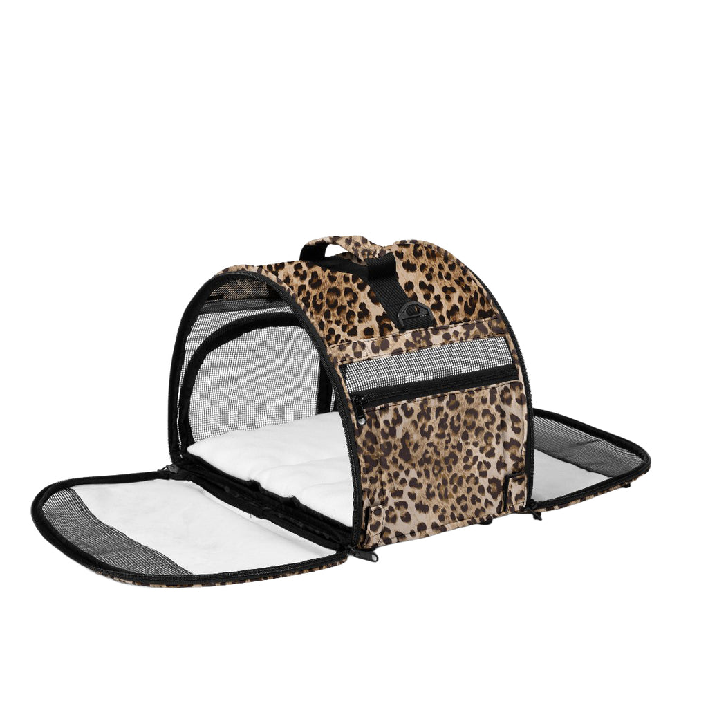 Leopard print pet carrier with mesh sides, open front flap, and white fleece pad.