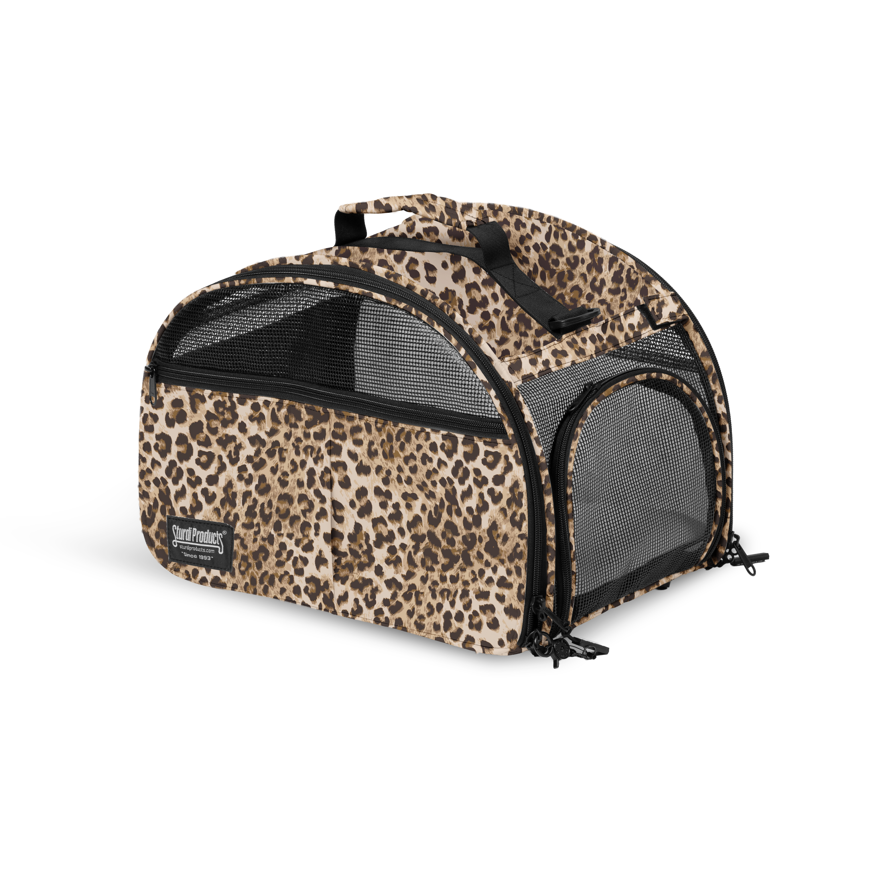 Leopard print Tote'ster compact pet carrier with mesh panels, top handle, and side entry.