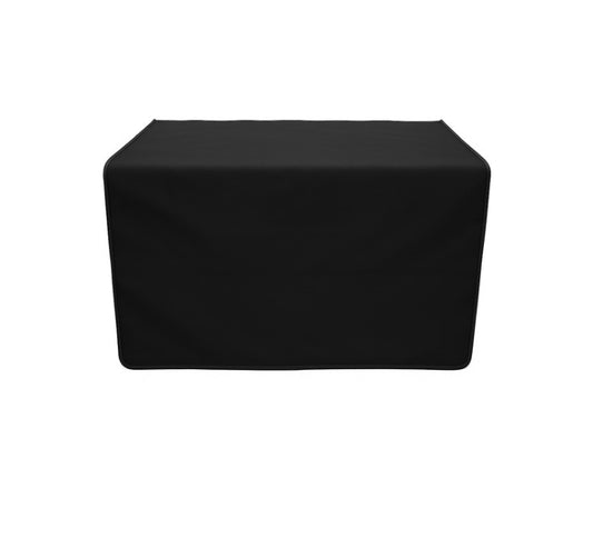 Sleek black grooming table skirt, water-resistant fabric, drapes over a table, no storage pockets.