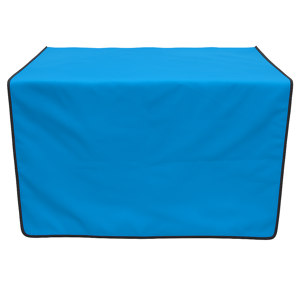 Bright blue pet grooming table skirt with black trim, made from water-resistant fabric.