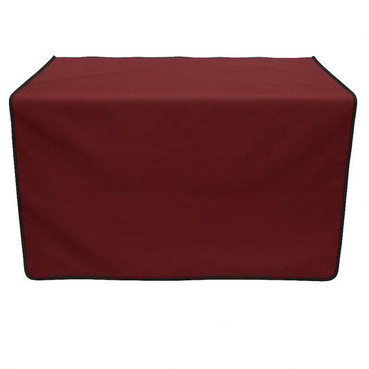 Maroon pet grooming table skirt with black trim, made from water-resistant fabric.