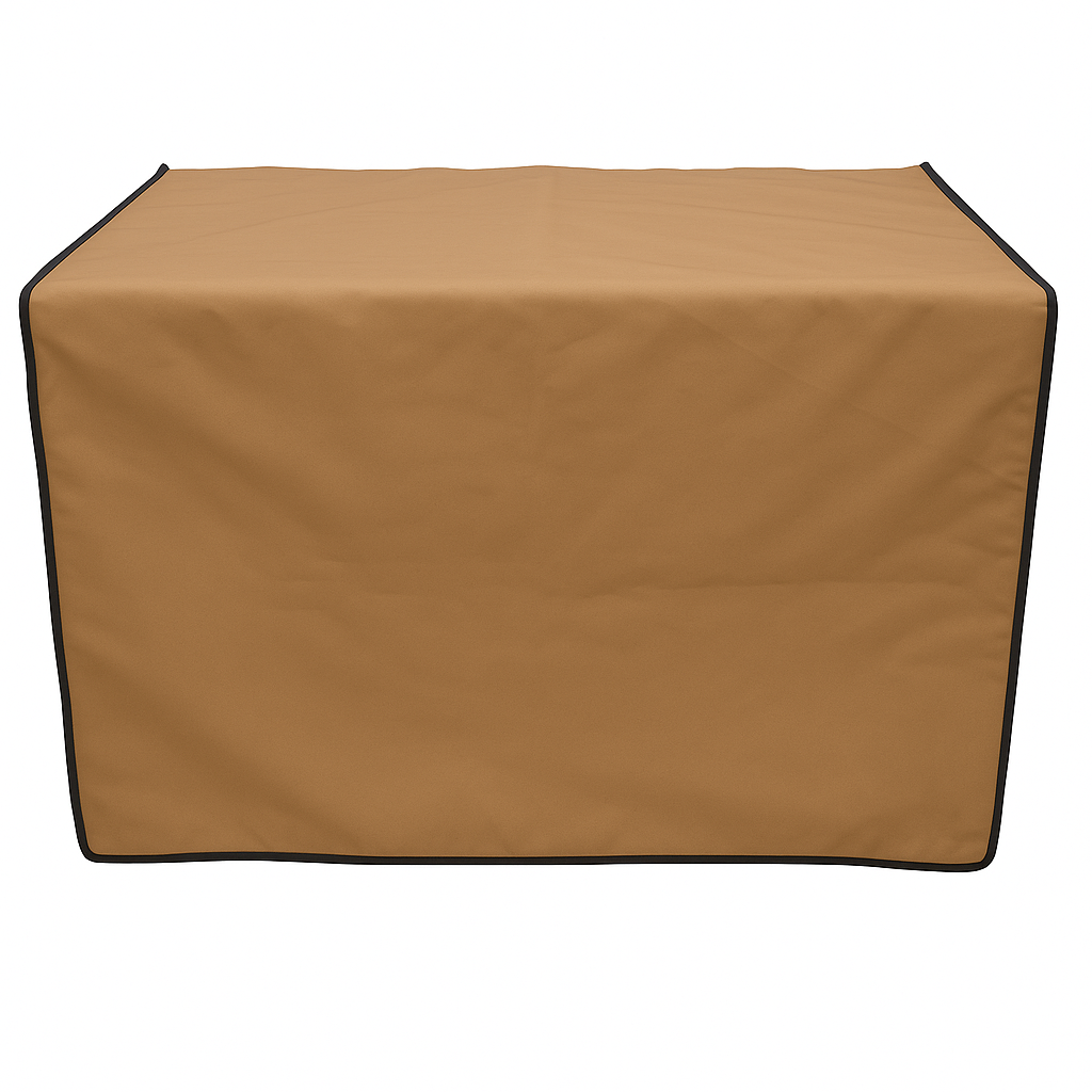 Tan pet grooming table skirt with black trim, made from water-resistant fabric.