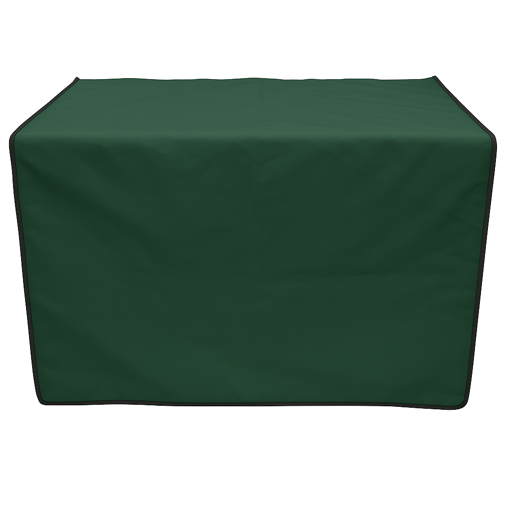 Dark green grooming table skirt with black trim, made of water-resistant fabric, designed for a neat, professional setup.