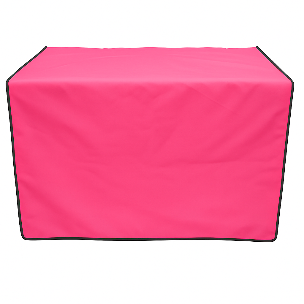 Bright pink pet grooming table skirt with black trim, made of water-resistant fabric, designed for a neat setup.