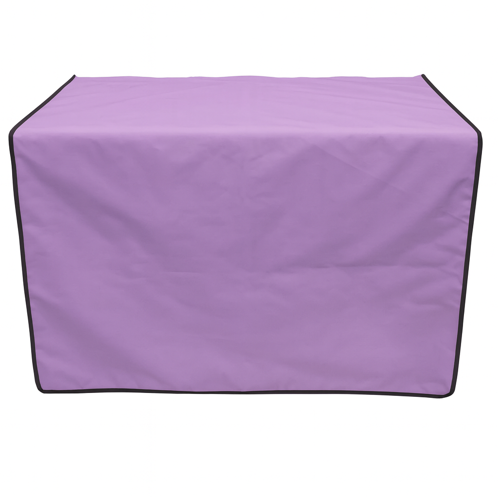 Lavender pet grooming table skirt with black trim, made of water-resistant fabric, draped over a table.