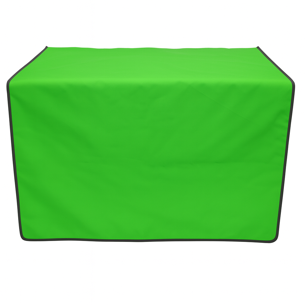Vibrant green pet grooming table skirt with dark gray trim, made from water-resistant fabric.