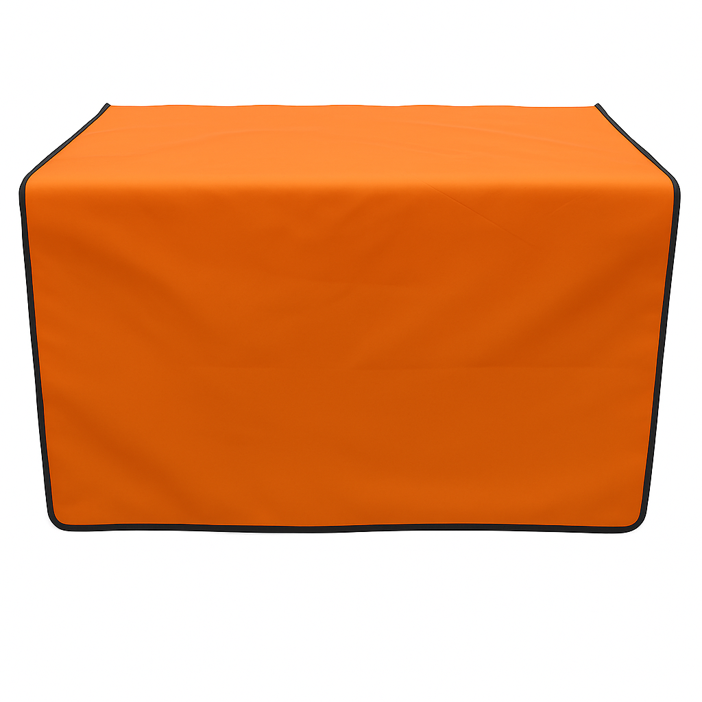 Orange pet grooming table skirt with black trim, made of water-resistant fabric, designed for a polished setup.
