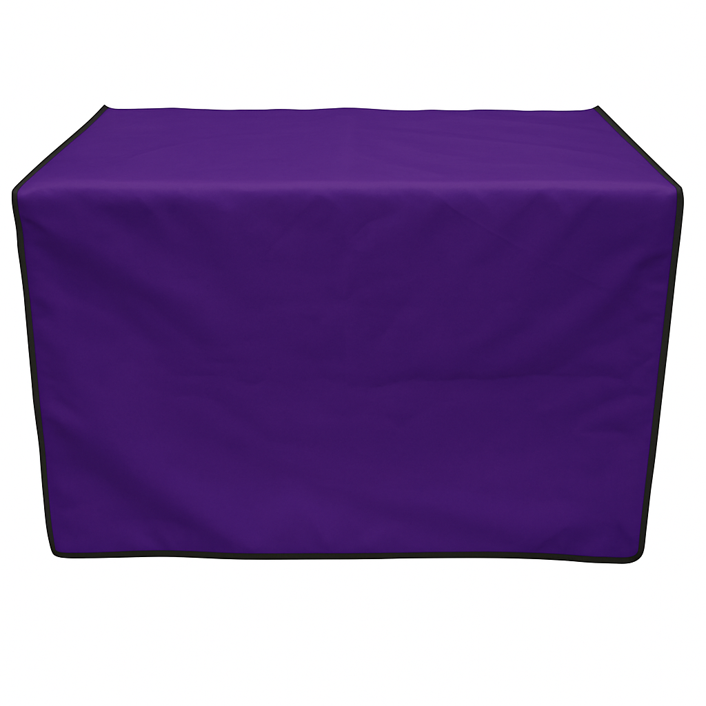 Purple pet grooming table skirt with black trim, made of water-resistant fabric.