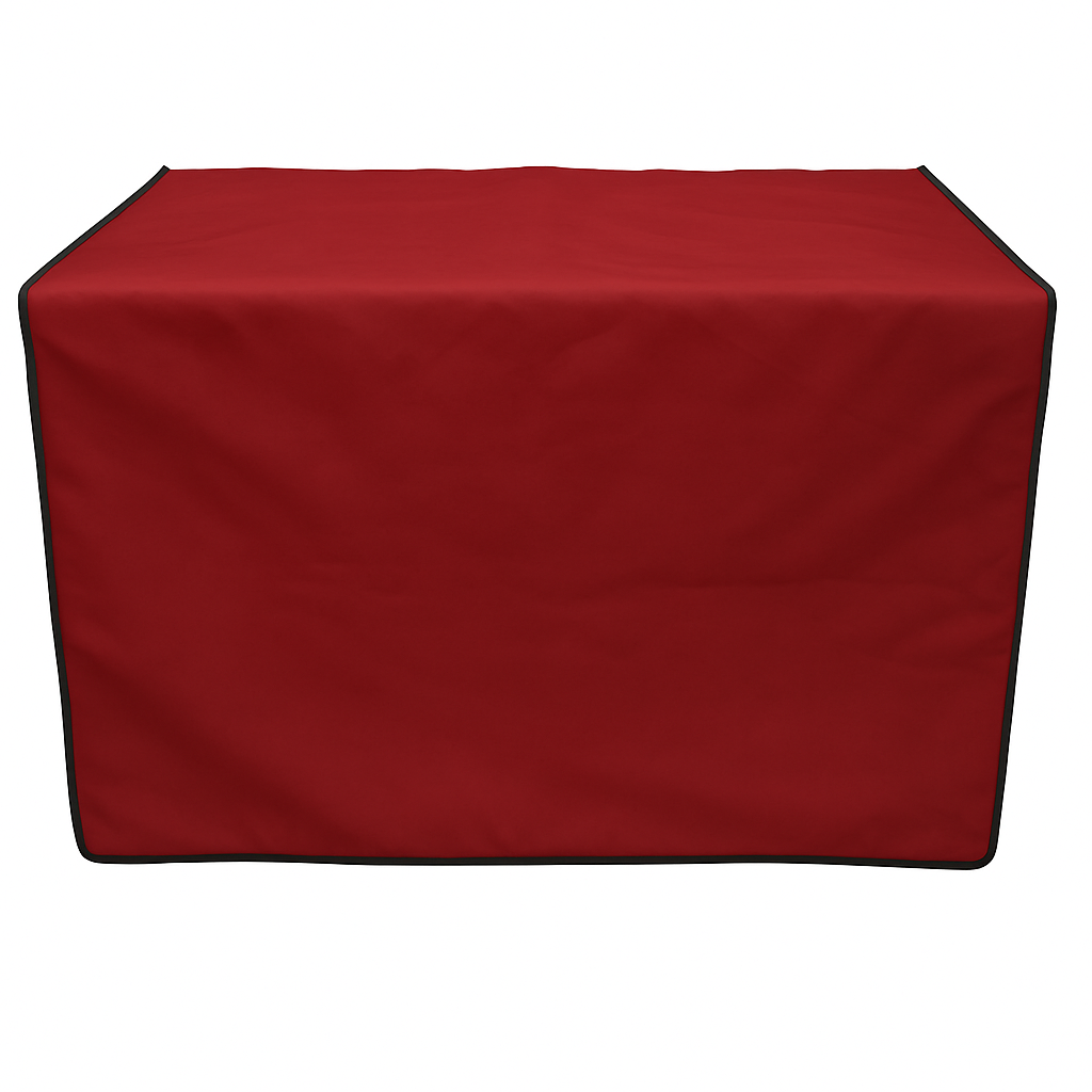 Red water-resistant pet grooming table skirt with black trim, covering a rectangular table.