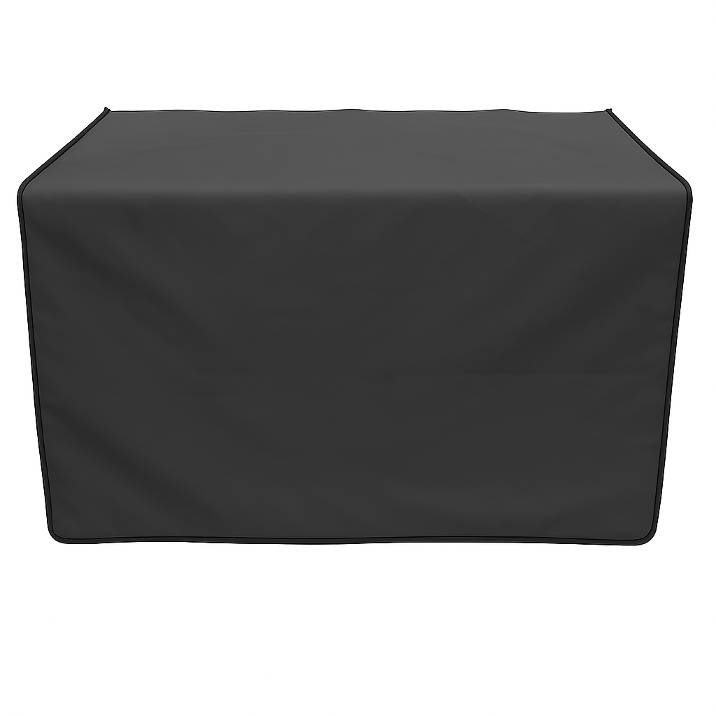 Sleek black pet grooming table skirt, water-resistant fabric, drapes elegantly to hide supplies.