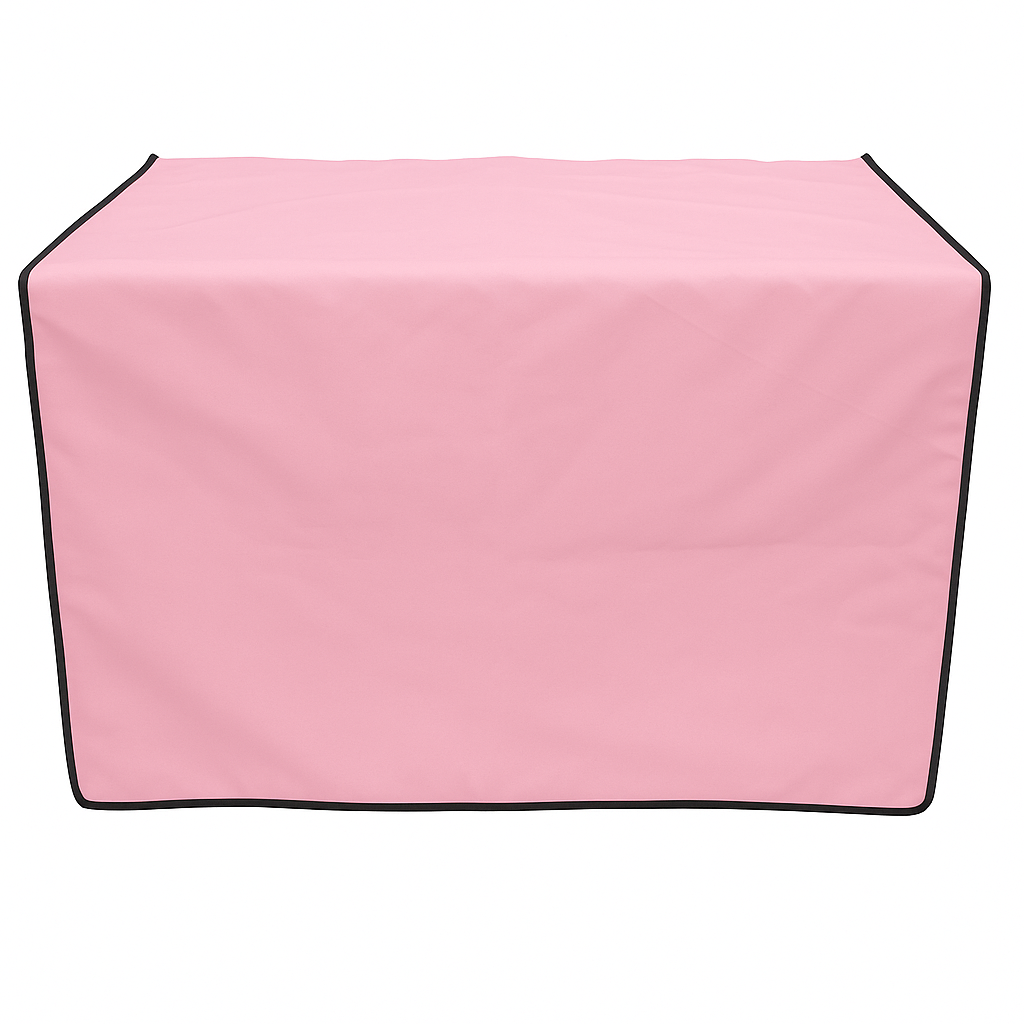 Pink pet grooming table skirt with black trim, made from water-resistant fabric.