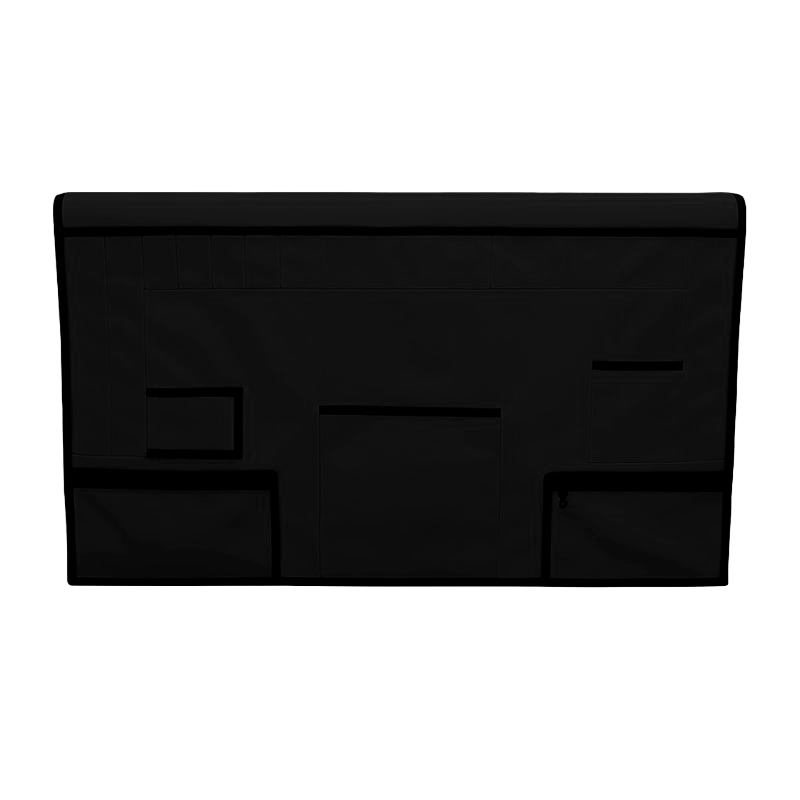 Black pet grooming table skirt with multiple storage pockets, including zippered pouches and a clear vinyl sleeve.