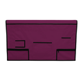 Plum pet grooming table skirt with black trim, multiple pockets, and zippered pouches.