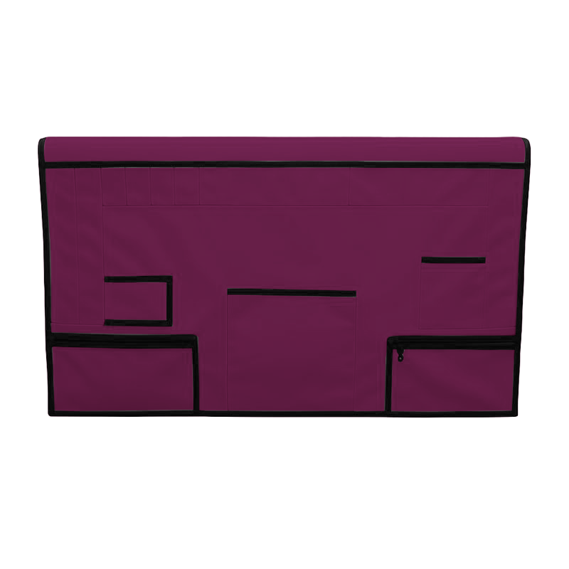 Plum pet grooming table skirt with black trim, multiple pockets, and zippered pouches.