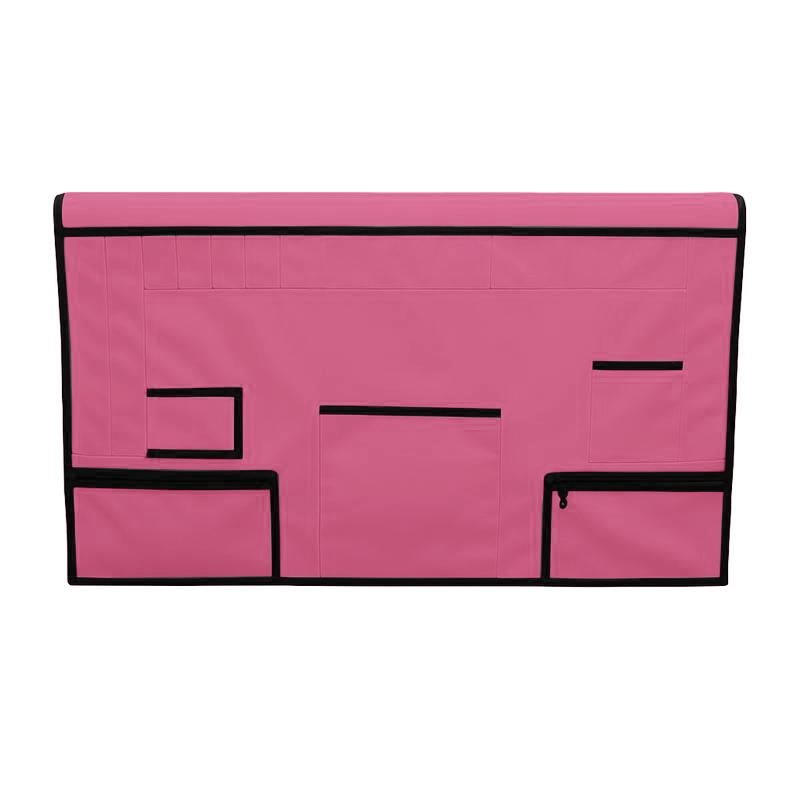 Pink pet grooming table skirt with black trim, multiple pockets, and zippered pouches.