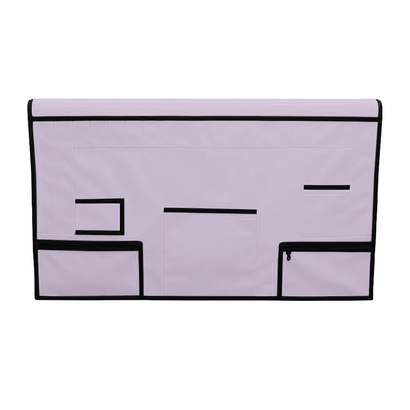 Light purple pet grooming table skirt with black trim and multiple storage pockets.