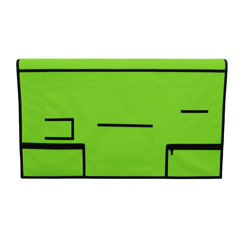 Lime green pet grooming table skirt with black trim, multiple pockets, and zippered pouches.