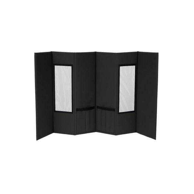 Black portable pet grooming station with two clear window panels and a sturdy, foldable design.