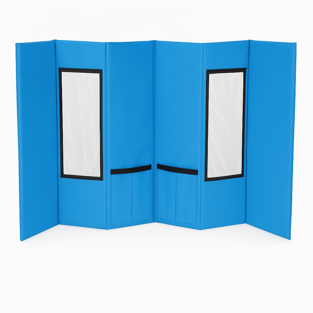 Blue portable pet grooming station with clear windows and black accents, folded for travel.