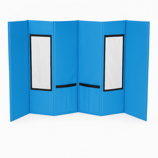 Blue portable pet grooming station with clear windows and black accents, folded for travel.