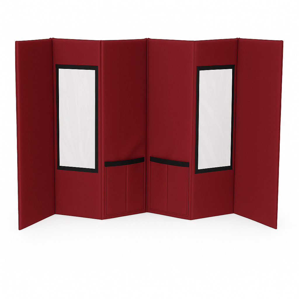 Red portable pet grooming station, foldable with clear windows and black trim.