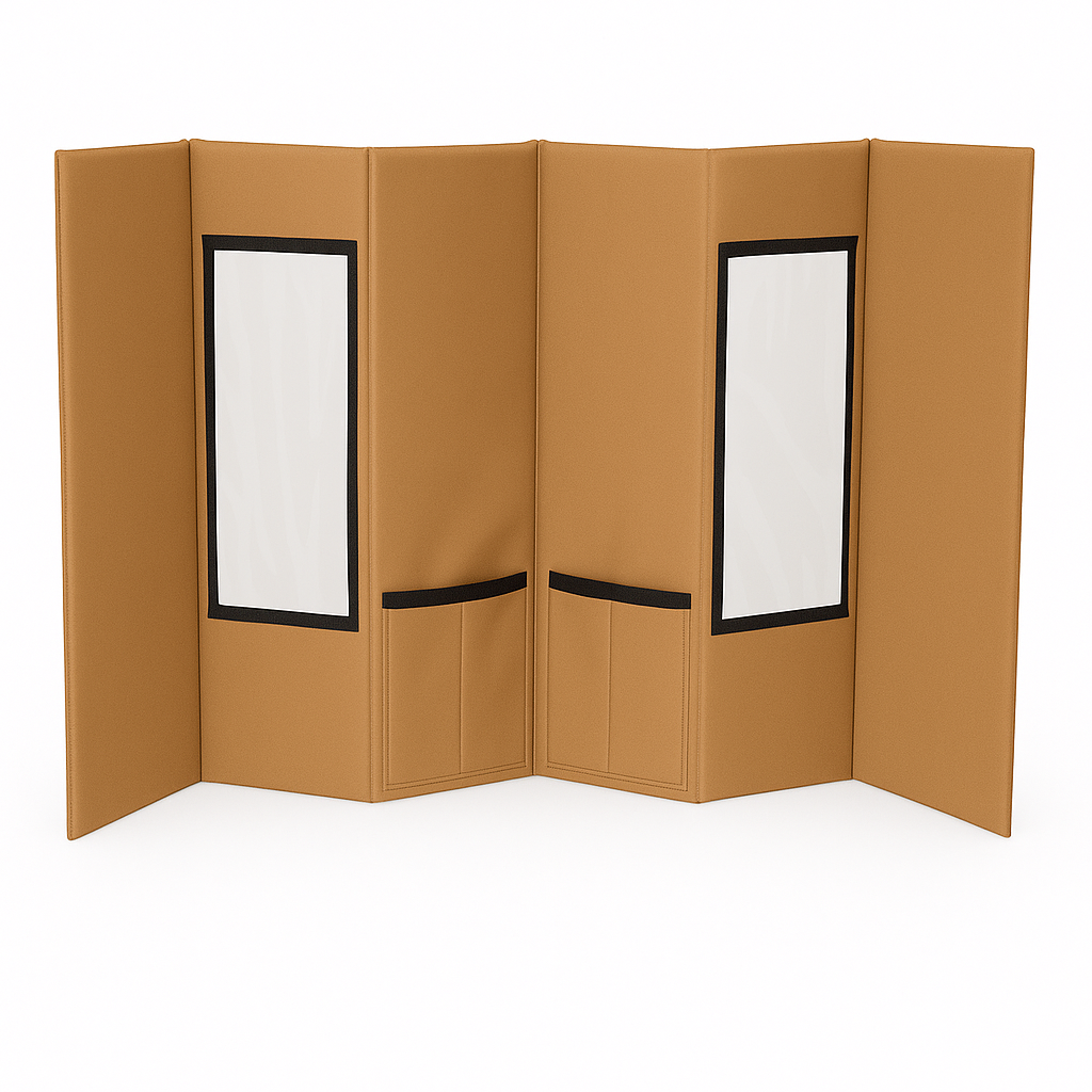 Foldable orange portable pet grooming station with multiple panels, two clear windows, and black trim.