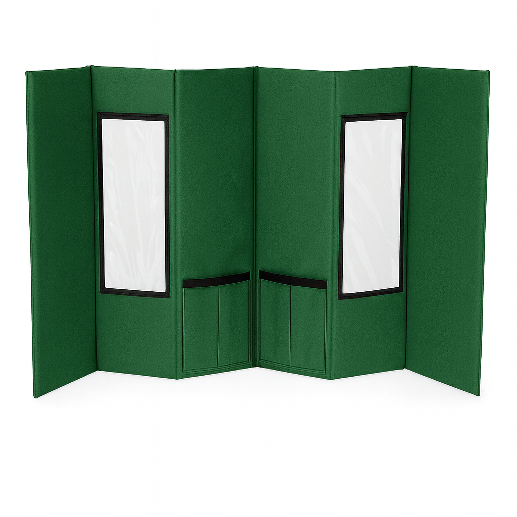 Green portable pet grooming station with two clear windows and black storage pockets.