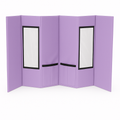 Lavender portable pet grooming station with clear windows and black trim, folded for travel.