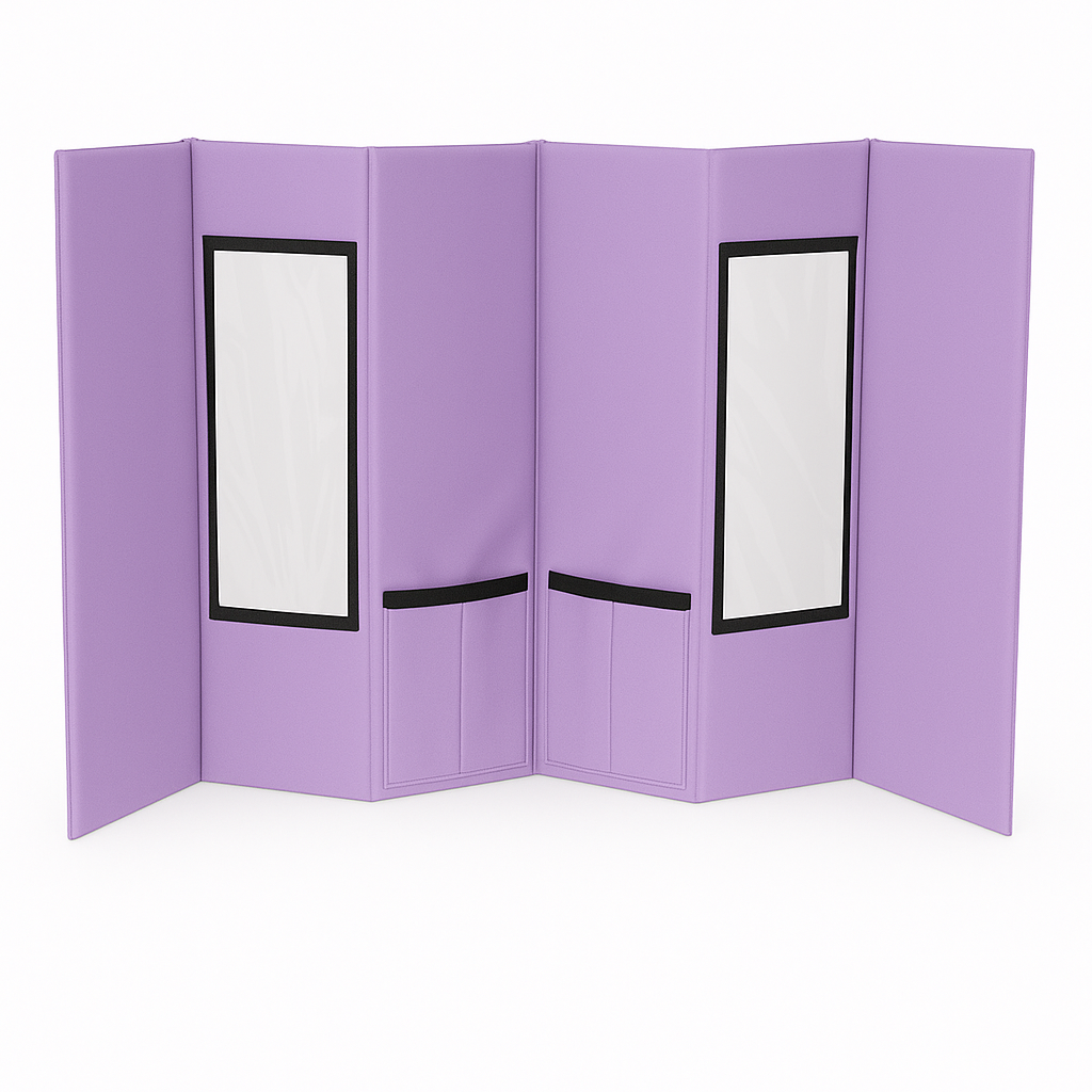 Lavender portable pet grooming station with clear windows and black trim, folded for travel.