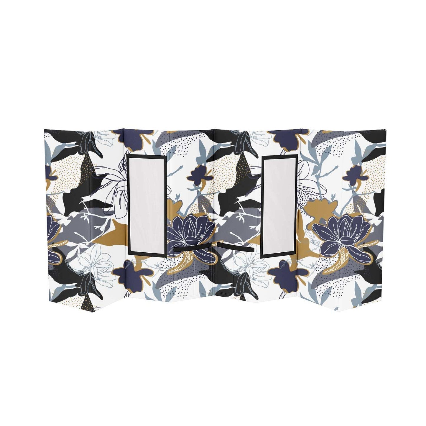A white, blue, black, and gold floral patterned folding screen with two rectangular white panels.