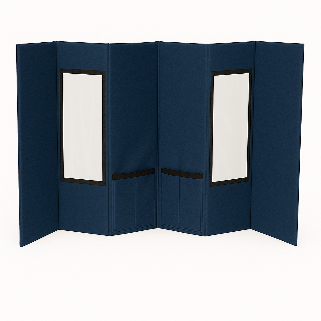 Navy blue portable pet grooming station with two white framed windows and black storage pockets.