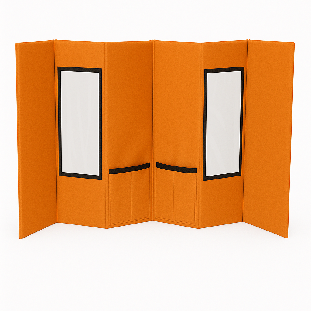 Orange portable pet grooming station with multiple foldable panels, two clear windows, and black accessory straps.