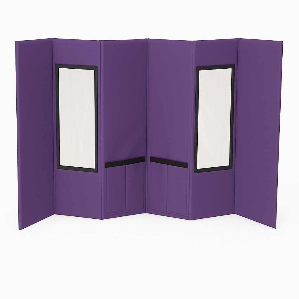 Purple portable pet grooming station, foldable with two white display panels and black trim.